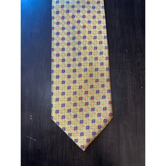 Jos A Bank Men's Gold w/ red/blue square‎ silk tie - Picture 1 of 8